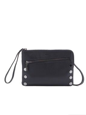 HAMMITT Nash Small Leather Clutch Bag in Black with Crossbody Strap